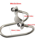 Stainless steel U-shaped cross pipe clamp for 32mm tubes with M8 bolt; for greenhouse and farm fencing