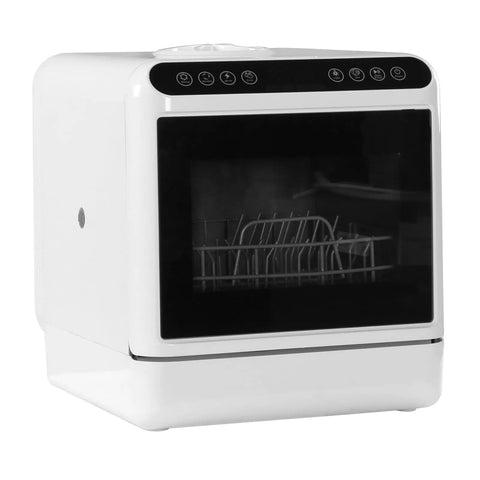 Plug And Play Countertop Dishwasher With Six Liter Built In Water Tank Portable Design No Hookups Needed, compact white unit.