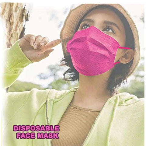 Woman wearing pink mask from 100 Pack 3 Ply Disposable Face Masks For Adults Men Women Multicolor With Upgraded Water Electret Melt Blown Cloth