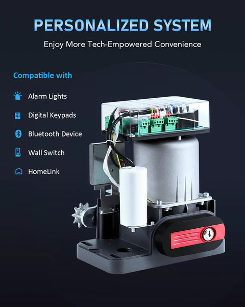 Close-up of Automatic Sliding Gate Opener Kit for Gates Up to 1800 lb with 2 Remote Controls showing compatibility features.