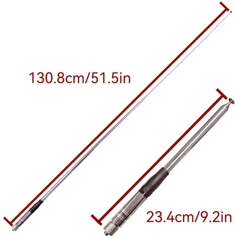 RTA-27B Telescopic 27MHz CB Antenna with dimensions, showing its 9.2in compact form and 51.5in extended length.