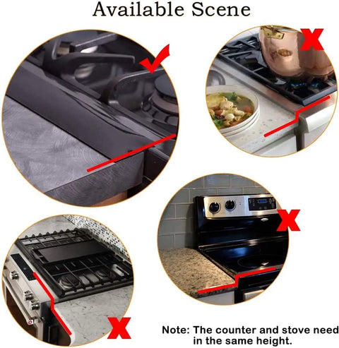 Two Pack 21 To 25 Inch Silicone Stove Gap Covers Flexible Food Grade Gap Filler shown on kitchen counter and stovetop