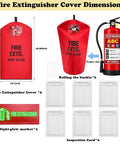 Diagram showing dimensions and features of Six Pack Fire Extinguisher Covers For 13 To 20 Lb Units Heavy Duty Thick Protective Sleeves Scratch Resistant Protection With Quick Release For Easy Removal Weather Resistant 18 By 26 Inches