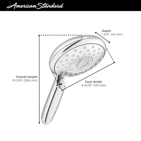 Diagram of 4-Function Handheld Shower Head With 5-Inch Face 1.8 GPM Polished Nickel, showing dimensions and design details.