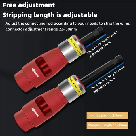 Close-up of Heavy Duty Electric Wire Stripper adjustable from 22-50mm, showcasing red aluminum design for power drill use.