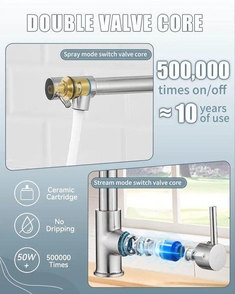 RV Kitchen Faucet With Soap Dispenser And Pull Down Sprayer, spray and stream mode switch valve core details