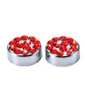 Close-up of extra long screws with red rhinestone caps for Hot Red Bling Rhinestone License Plate Frame For Women Girls Fit USA 6.25 By 12.25 Plates Rust Proof Metal Car Accessory Easy Install With Extra Long Screws Sparkly Fashionable Plate Cover