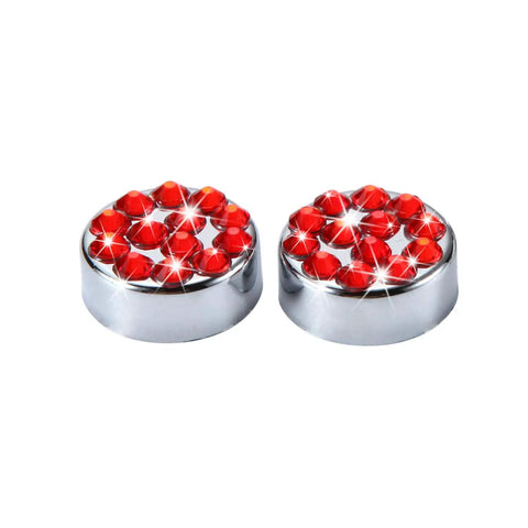 Close-up of extra long screws with red rhinestone caps for Hot Red Bling Rhinestone License Plate Frame For Women Girls Fit USA 6.25 By 12.25 Plates Rust Proof Metal Car Accessory Easy Install With Extra Long Screws Sparkly Fashionable Plate Cover