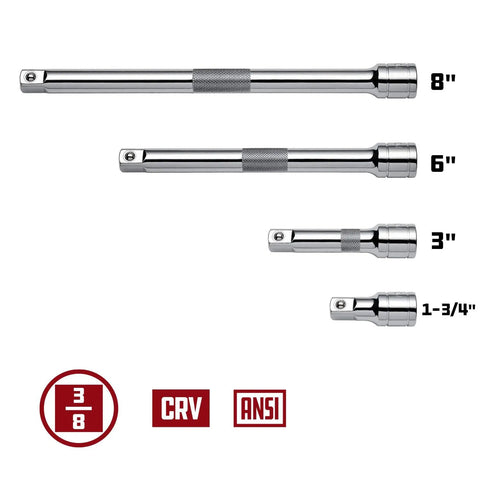 Heavy Duty Four Piece Three Eighths Inch Drive Extension Bar Set With One And Three Quarter Inch, Three, Six And Eight Inch Lengths Detent Ball