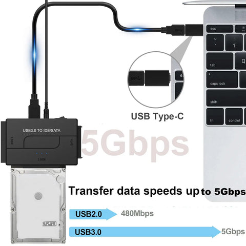 Three In One Universal SATA IDE To USB Drive Reader For 2.5 And 3.5 HDD SSD And DVD CD Optical Drives With Fast 5Gbps Data Transfer connected to laptop