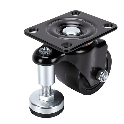 Three Inch Heavy Duty Leveling Casters Featuring Adjustable Steel Plate Feet with a durable black design for heavy machinery.