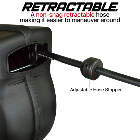 Retractable Air Hose Reel With Three Eighths Inch By Fifty Foot Pro Grade Hybrid Polymer Hose Up To 300 PSI Heavy Duty Polypropylene Construction For Professional Workshops And Garages, featuring adjustable hose stopper.