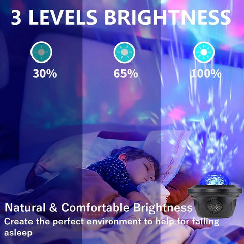 Child sleeping with Dope Galaxy Projector With 20 Lighting Effects Large Projection Area Up To 30X30Ft in bedroom.