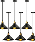 Six Piece Black Metal Umbrella Pendant Lights With A Slick Retro Industrial Look And Solid Farmhouse Vibe Making A Popular Choice For Any Kitchen Table Or Dining Nook Using Dead Easy E26 Mounts, featuring golden bulb sockets.