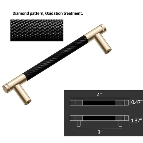 Knurled Aluminum Cabinet Handles Set, 12 Pack, 4 Inch Length, 3 Inch Center, Gold and Black Oxidation Finish with Diamond Pattern Pulls