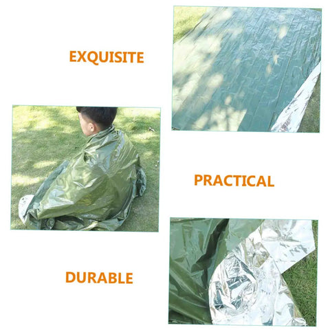 Three Piece Camping Survival Kit with Reflective Thermal Emergency Blanket and First Aid Gear usage demonstration outdoors.