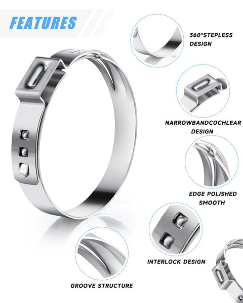 Front view: PEROMI 304 stainless steel hose clamp, single-ear, adjustable, silver metal