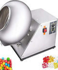 Compact Sugar Coating Machine For Candy Polishing Chocolate Glazing And Tablet Drying With Constant Temp Control, silver finish, designed for small batch use.