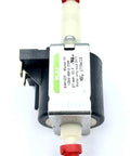 ULKA HF replacement water pump, front view; metal body with black housing and red inlet/outlet caps
