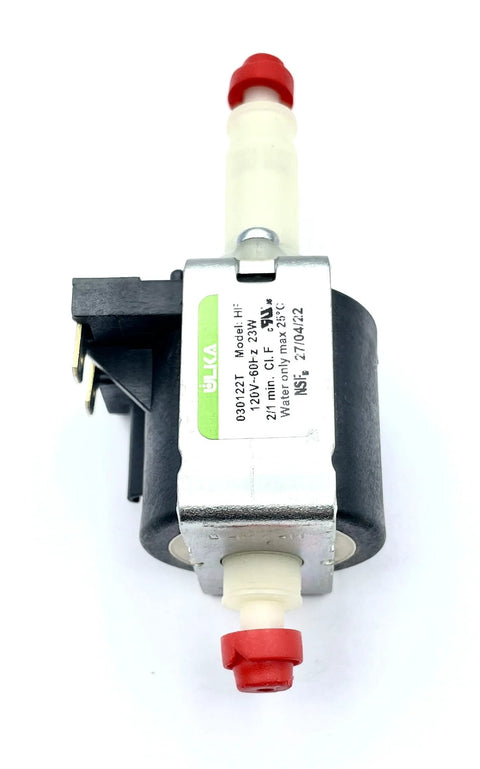 ULKA HF replacement water pump, front view; metal body with black housing and red inlet/outlet caps