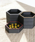 Hexagonal Magnetic Board Game Tray Organizer Set with Flexible Layouts 7 Pack in sleek black finish with dice inside