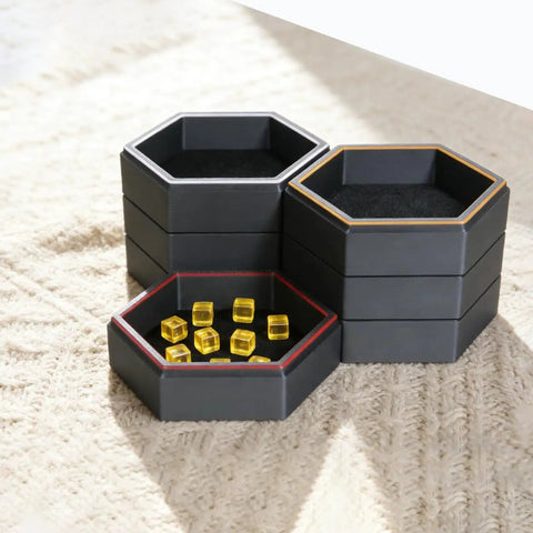 Hexagonal Magnetic Board Game Tray Organizer Set with Flexible Layouts 7 Pack in sleek black finish with dice inside