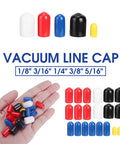 Huge 20 Pc Assorted Vacuum Line Kit With Bung Plugs For Classic Car Intake Hose Replacement Fits Small Big Block V8 Engines And Olds From 260 To 502 Cu Inch Engine Models Perfect Upgrade For Your Muscle Car Or Restomod Build Today. Assorted PVC vacuum line caps in 5 sizes, shown with hand and color set