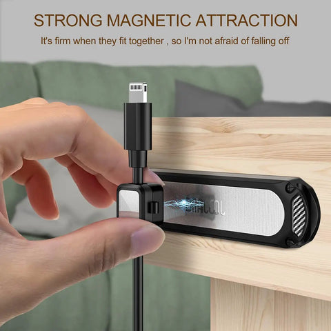 Magnetic Cable Holder Six Slot Cable Clips For Under Desk Self Adhesive Wire Organizer Black in use with Lightning cord