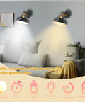 Battery Operated Wall Sconces Set Of 2 USB Rechargeable With Remote Control No Wiring No Drilling Dimmable Vintage Adjustable Wall Lights For Bedroom Farmhouse Gallery Fireplace illuminating a living room.
