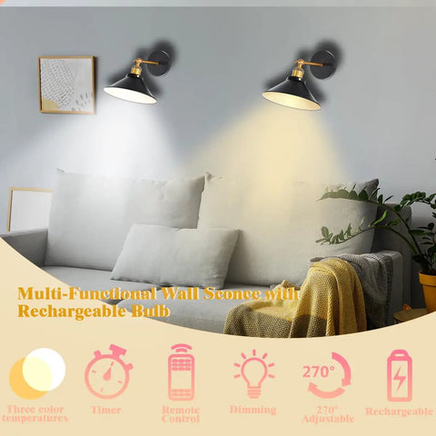 Battery Operated Wall Sconces Set Of 2 USB Rechargeable With Remote Control No Wiring No Drilling Dimmable Vintage Adjustable Wall Lights For Bedroom Farmhouse Gallery Fireplace illuminating a living room.