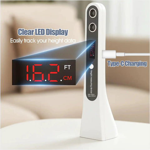 Portable Handheld Ultrasonic Height Meter For Kid Friendly Use And Adults Digital Stadiometer With USB C Rechargeable Battery Height Measuring Tool For Home School Clinic Growth Tracking Clear LED Display And Fast Accurate Readings showing LED screen and USB-C charging