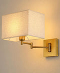 Modern Rectangular Fabric Wall Sconce,Swing Arm Wall Lamp,3 Color Lighting with square shade and brass-tone finish.