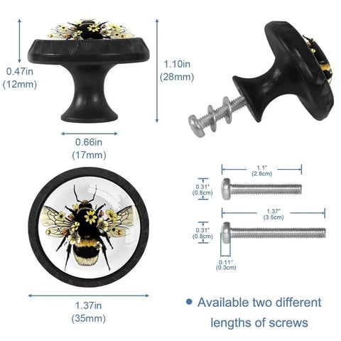 Four Pack 1.37 Inch Black Glass Drawer Knobs For Cabinets And Dressers, showing dimensions and two screw lengths