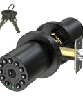 Keyless Entry Door Lock With Backlit Keypad And Master Code Electronic Door Knob No Brainer Auto Lock Waterproof Passage Function Long Battery Life Lets You Set 50 User Codes Easy Install For Office Warehouse Bedroom Garage in black finish shown with keypad and keys