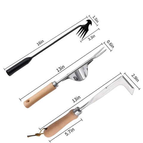 Three Pack Weed Puller Tools Set for Garden and Paver Cracks, No Fuss Grip Stainless Steel Hand Weeder, L Shape Crack Sickle, And 4 Teeth Weeder for Moss Removal, Lawn Edging, Driveway and Brick Paving with dimensions