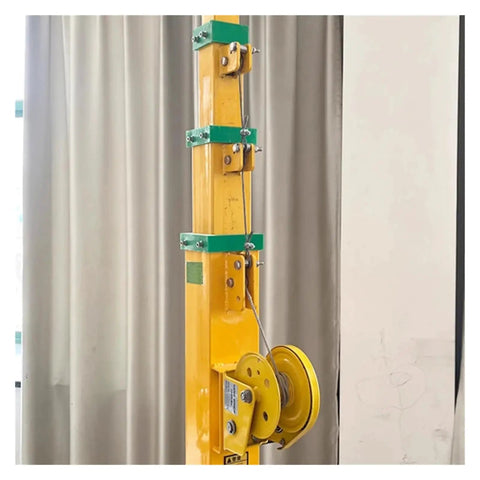 Hand Crank Telescopic Lifting Pole Manual Winch Mast Adjustable 3 To 8 Meters, yellow pole with pulley and hardware.