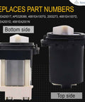 Washer drain pump motor by Seentech; bottom-side view shows metal coil, top-side view shows black housing.