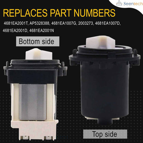 Washer drain pump motor by Seentech; bottom-side view shows metal coil, top-side view shows black housing.