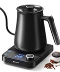 Black Gooseneck Electric Kettle With Plus Or Minus One Degree Fahrenheit Precision Temperature Control For Pour Over Coffee And Tea, 1200W Rapid Heating, Stainless Steel Water Boiler, 0.8L 27oz, Twelve Hour Keep Warm And Built In Timer on digital base with coffee beans and cup.