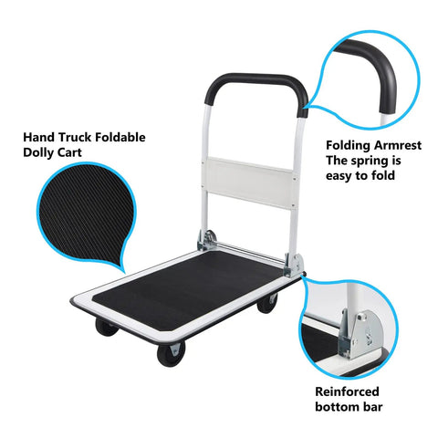 Foldable Platform Cart With 330 Lbs Capacity Four Wheel Flatbed Hauler, white, lightweight, reinforced bottom, folding armrest.