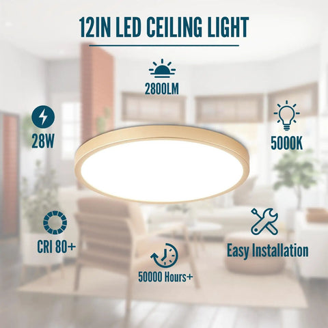 Gold LED Flush Mount Ceiling Light Fixture 12 Inch 28W 5000K Set Of 4 Ultra Slim featured in a living room setting