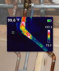 TI250 Rechargeable Thermal Imaging Camera With 19,200 Pixel Resolution And Three Color Palettes showing a pipe's heat patterns