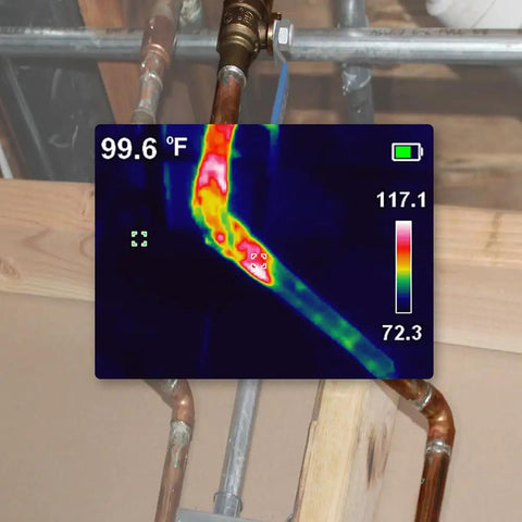 TI250 Rechargeable Thermal Imaging Camera With 19,200 Pixel Resolution And Three Color Palettes showing a pipe's heat patterns
