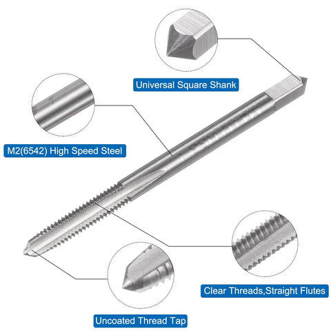 Badass 3 Piece M4 Metric Hand Tap Set For Dead Straight Threading And Smooth Metal Work Right Hand High Speed Steel Taper Plug Bottom Threads. Image of M2 high speed steel tap with clear threads.