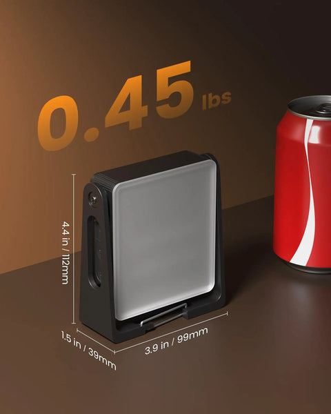 Two Pack Rechargeable Camping Lanterns With 4000mAh Batteries, showing size and weight next to a soda can.