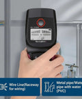 Close-up of Wall Scanner Stud Finder 4 Modes Detector LCD Display detecting wire and metal pipes, used for wall scanning projects.