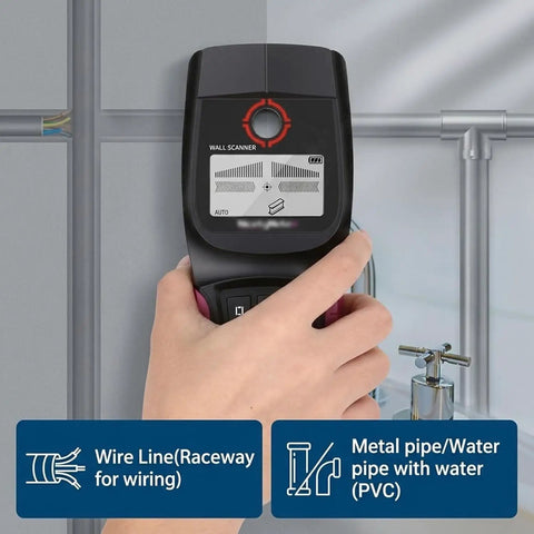 Close-up of Wall Scanner Stud Finder 4 Modes Detector LCD Display detecting wire and metal pipes, used for wall scanning projects.
