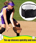 Female athlete playing softball wearing Eight Pcs Jersey Sleeve Bands For Sports Shirts, Breathable Mesh Sleeve Holders With Hook And Loop Fasteners.
