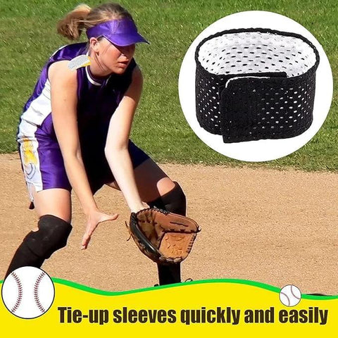 Female athlete playing softball wearing Eight Pcs Jersey Sleeve Bands For Sports Shirts, Breathable Mesh Sleeve Holders With Hook And Loop Fasteners.