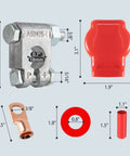 Heavy Duty Battery Terminal Connectors Kit With Copper Lugs Three Eighths Inch Heat Shrink Tubing Anti Corrosion Washers And Protective Covers For Cars Boats RVs Military Spec Positive Negative Post Terminals, showing components with dimensions.